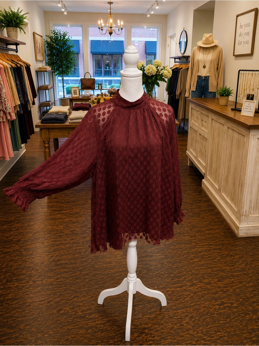 DR2 Burgundy Swiss Dot Sheer Blouse Size Large NWT Mock Neck Balloon Sleeve